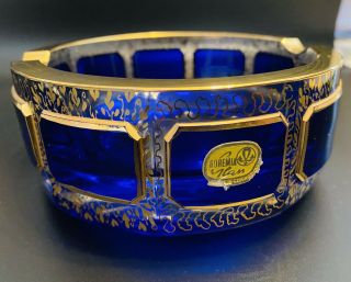 Stunning Cobalt Blue Cut To Clear Bohemian Moser Art Glass Gold Gilt Ashtray 5” 3