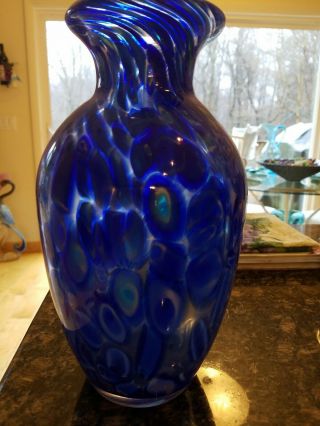 Murano Hand Blown Art Glass Multi - Color Blue Vase 9.  5 " H X 5 5 " W