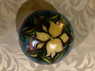 Vintage 1975 Orient & Flume Art Glass Peacock Feather Paperweight