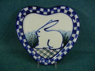 Debbie Dean 9 1/4 " Heart Shaped Dish Rabbit Blue Checkerboard Folk Art Pottery