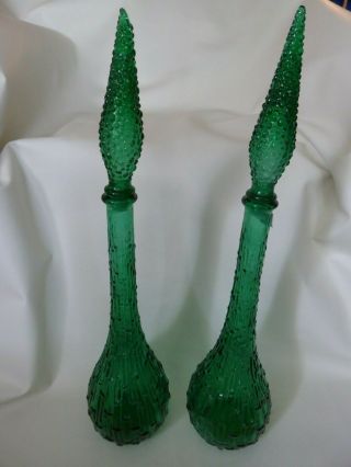 Pair Mcm Empoli Italy Textured Green Glass Decanters