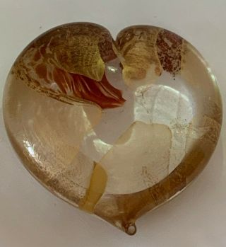 Signed Seguso Viro Murano Art Glass Heart Red & Gold Fleck Paperweight
