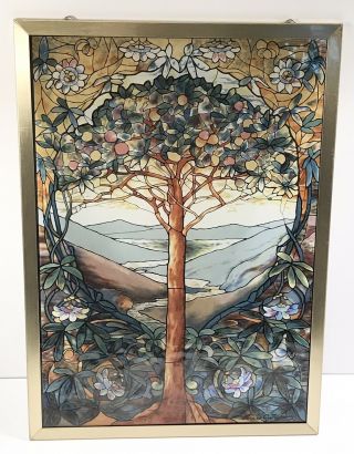 Louis Comfort Tiffany Signed Stained Glass " Tree Of Life " In Brass Border 9x13