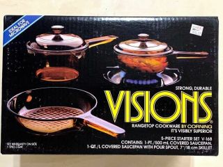 Vintage Corning Visions Rangetop Cookware Amber 5 Piece Set V - 168 Nib