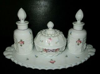 Westmoreland Paneled Grape Hand Painted Milk Glass Dresser Set With Tray