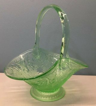 Large Vintage Green Vaseline Glass Floral Basket With Handle Fenton (?)