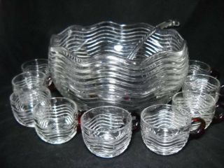 Duncan & Miller Caribbean Punch Bowl W/ 9 Red Handled Cups & Ladle 1936 - 1940