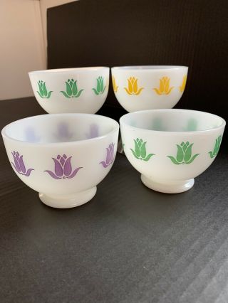Fire King Tulip Cottage Cheese Bowl Set Of 4 - Purple,  Green & Yellow
