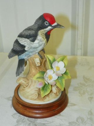 Andrea By Sadek Porcelain Figurine Downy Woodpecker 9386 Japan Wooden Base