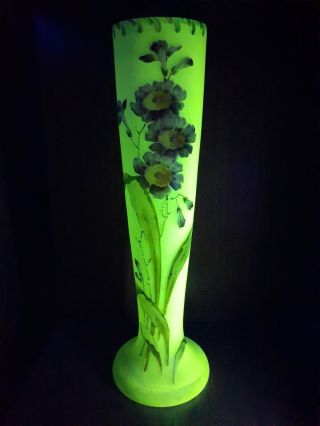 Large Victorian Uranium Glass Hand Painted Vase.