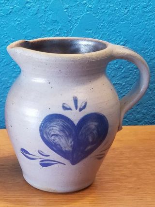 Vtg Daniel Mcguire Pottery Stoneware Creamer Cobalt Blue Heart Rockdale Union