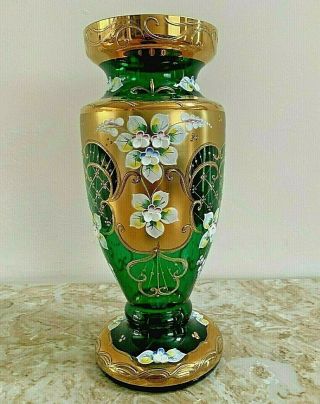 Big Luxury Bohemian Emerald Green Gold Gilt Floral Hand Made Vase 12 " Czech
