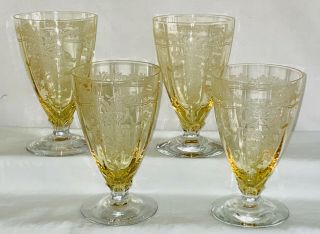 4 Fostoria June Topaz Yellow 5 1/4 " - 6 Oz Footed Water Tumblers