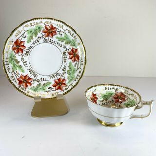 Royal Chelsea English Bone China Tea Cup & Saucer,  Made In England,  Red Flowers
