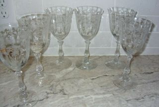 Fostoria Navarre Clear Etched 7 5/8 " Water Goblets Glasses Stemware Set Of 6