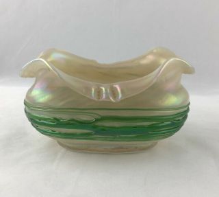 Loetz Art Nouveau Iridescent Overlay Glass Green Oval Vase / Bowl - Perfect