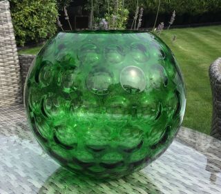 Large Borske Sklo Green Glass Optic Ball Vase Mid Century Modern Czech 60s 70s