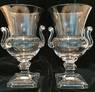 Vtg Pair 2 Square Footed Clear Crystal Urn Vase W/ Handles 6.  5” Tall Grand Tour