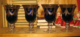 Set Of 4 Arte Italica Crystal Medici Blue 24k Gold Wine Glass Goblets