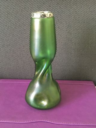 Loetz Kralik Art Nouveau Jugendstil Green Art Glass Vase Iridescent Silver Top
