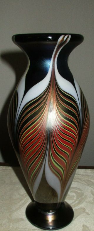 Vintage 1975 Vandermark Art Glass Pulled Feather Threads Footed Vase Signed