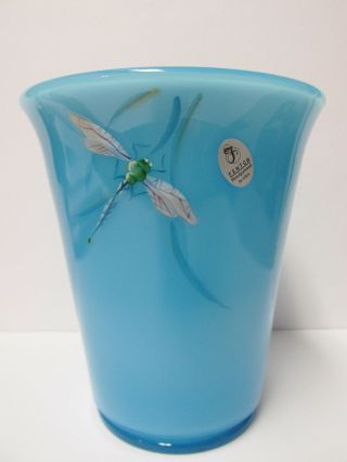48617q Fenton 6 " Handpainted " Dragonfly On Sky Blue " Flip Vase.