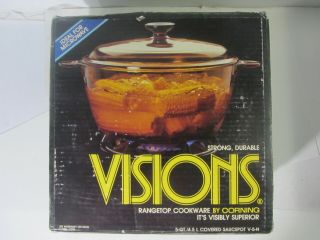 Vintage Visions V - 5 - N Corning Pyrex Cookware Amber 5 Qt Covered Saucepot Nib