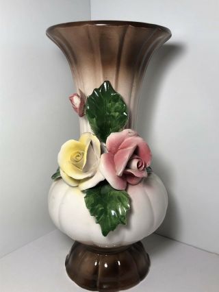Vintage Nuova Capodimonte Brown White Ceramic Vase Made In Italy 12 "