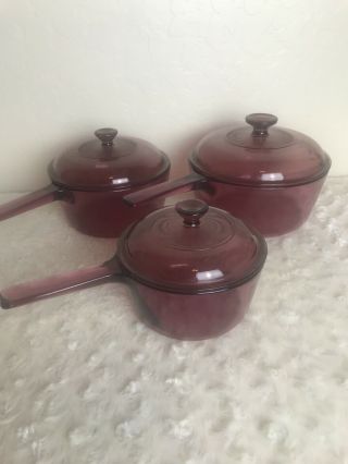 Set 3 Pyrex Visions Cranberry Saucepans Pots 2.  5l 1.  5l 1.  0l Cookware With Lids