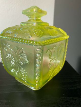 Fenton Glass Yellow Topaz Iridescent Square Covered Candy Dish With Lid Grapes