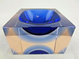 Stunning Murano Blue X3 In Pink Glass Sommerso Faceted Brick Block Bowl