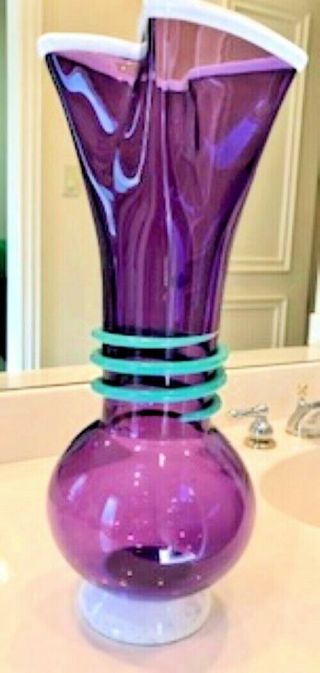 Artisan Studio Hand Blown 20 " Contemporary Art Glass Vase In Rich Purple