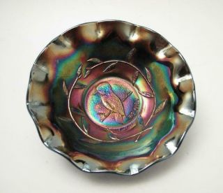 Australian Crown Crystal Amethyst Carnival Glass Kingfisher Nappy Bowl Rd 4184