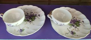 Pair Violets Marked M Japan Tea Cup & Snack Fine Bone China