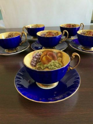 Aynsley - (6) Tea Cups And Saucers - Cobalt Blue With Fruit Center
