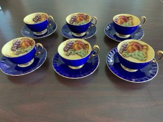 Aynsley - (6) Tea Cups and Saucers - Cobalt Blue with Fruit Center 2