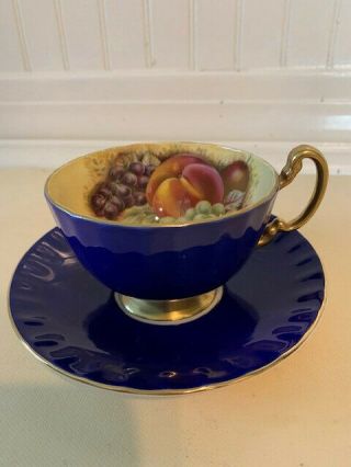 Aynsley - (6) Tea Cups and Saucers - Cobalt Blue with Fruit Center 3