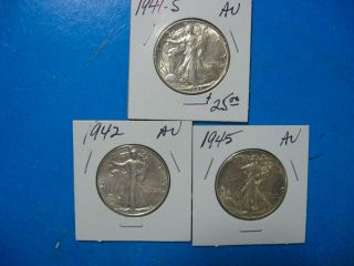 1941 - S,  1942 & 1945 Walking Liberty Half Au 3 Total Coins
