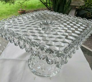 Vintage Fostoria American Clear Pressed Glass Square Pedestal Cake Serving Plate