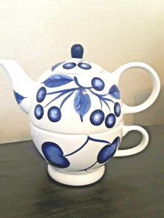Stacking Tea Set For One Teapot Tea Cup White W/blue Leaf And Fruit Design