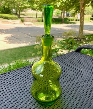 Blenko Style 7018 Olive Green Glass Decanter With Stopper.  Hand Blown.