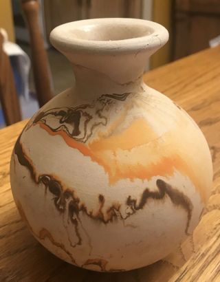 Nemadji Pottery 4 " Tall Squat Vase Swirled Design Brown Orange