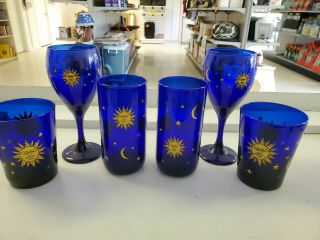 Set Of 6 Cobalt Blue Glass Celestial Wine Glasses,  More Sun,  Moon,  Stars Goblet
