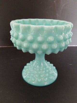 Htf Fenton Turquoise Blue Milk Glass Hobnail Pedestal Ruffle Candy Compote Dish