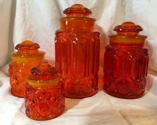 4 Vintage Le Smith Moon And Stars Orange Yellow Glass Canister Jars Apothecary