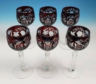 6 Imperlux Ruby Red Cut To Clear Glass Crystal 6 3/4 " Liquor Cocktail Goblet Set