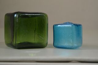 Blenko Hand Blown Glass Cubes Set Of 2 Green Blue Htf Vintage