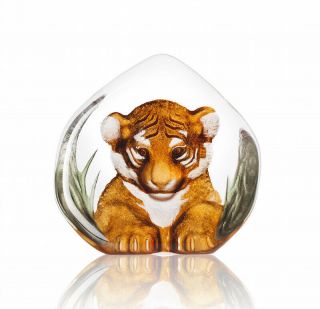 Mats Jonasson Tiger Cub (hand Painted) - Swedish Art Glass Sculpture 34174