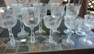 Vintage Etched Crystal Wine Glasses,  Set Of 10,  Fostoria,  Willowmere,  Circa 1938