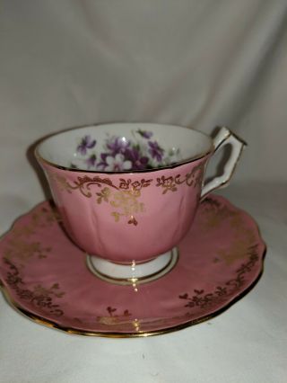 Aynsley Tea Cup And Saucer Pink And Gold Corset With Violets In The Cup 2917